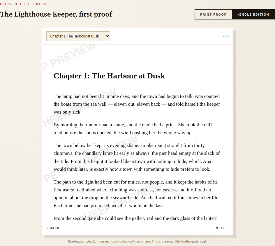 The Typesheep in-browser Kindle preview showing a chapter of a typeset EPUB, with a section picker and the note that this is the exact file Kindle readers get