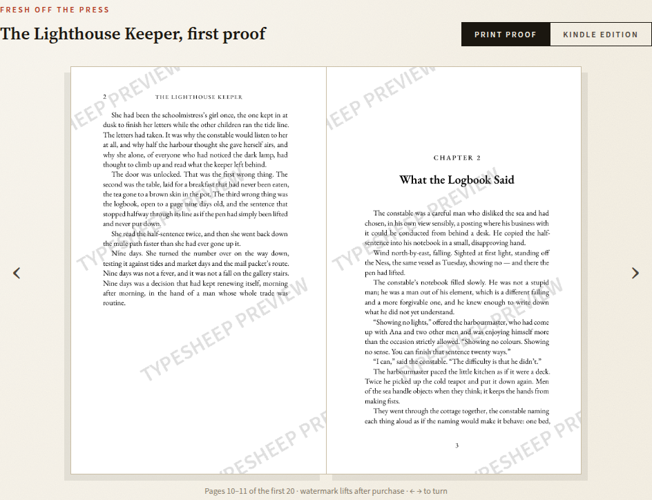 The Typesheep proof desk: a free preview of a typeset book, showing pages 10 and 11 side by side with running heads, page numbers and a chapter opener, before payment