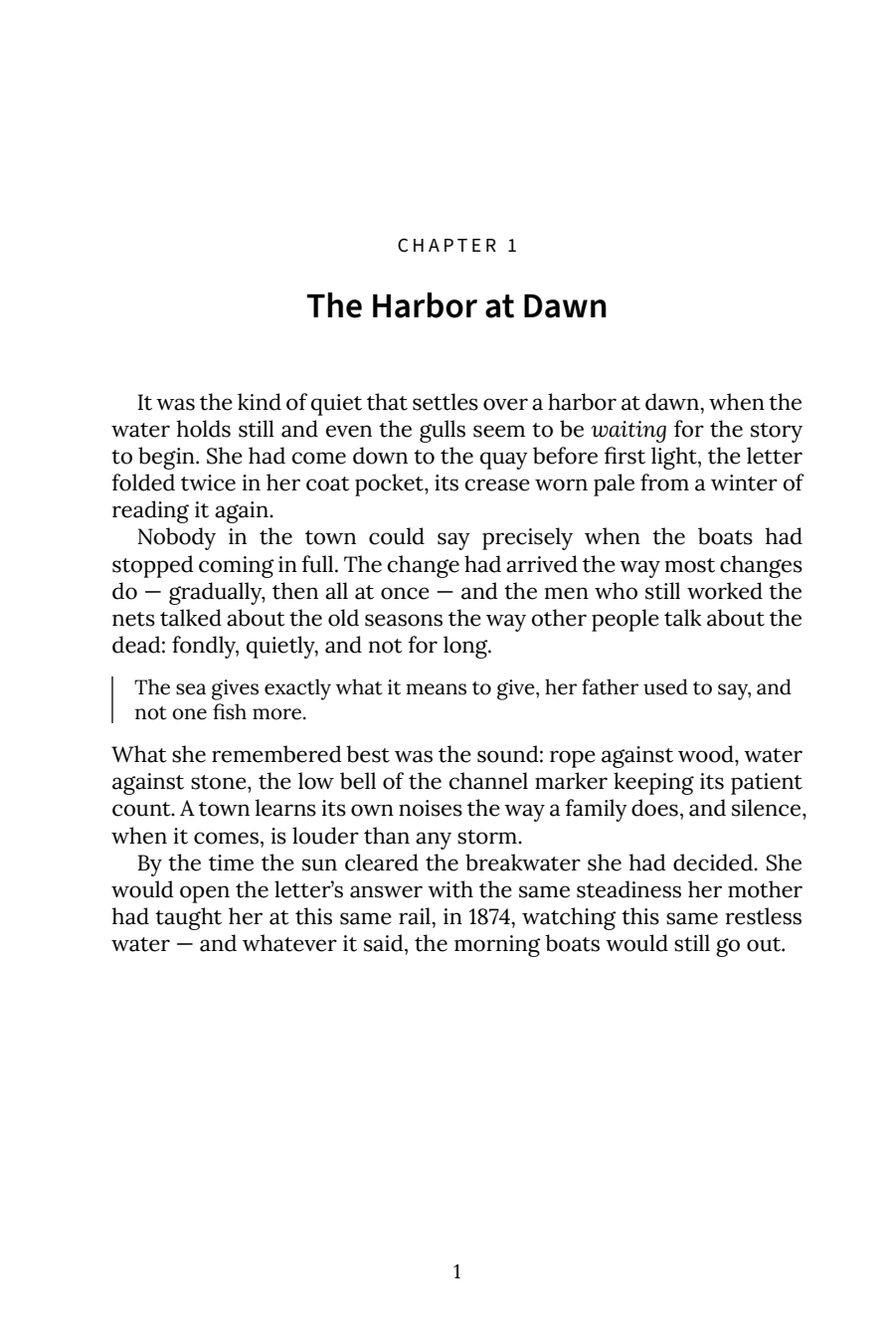 Sample book interior page typeset by Typesheep in the Contemporary style: clean chapter opener, running head and justified text, formatted to Amazon KDP margin rules