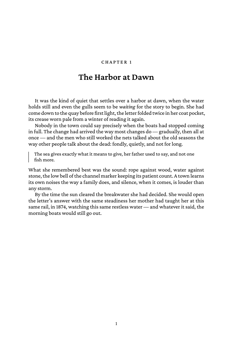 Sample book interior page typeset by Typesheep in the Editorial style: modern chapter opener, running head and justified text, formatted to Amazon KDP margin rules