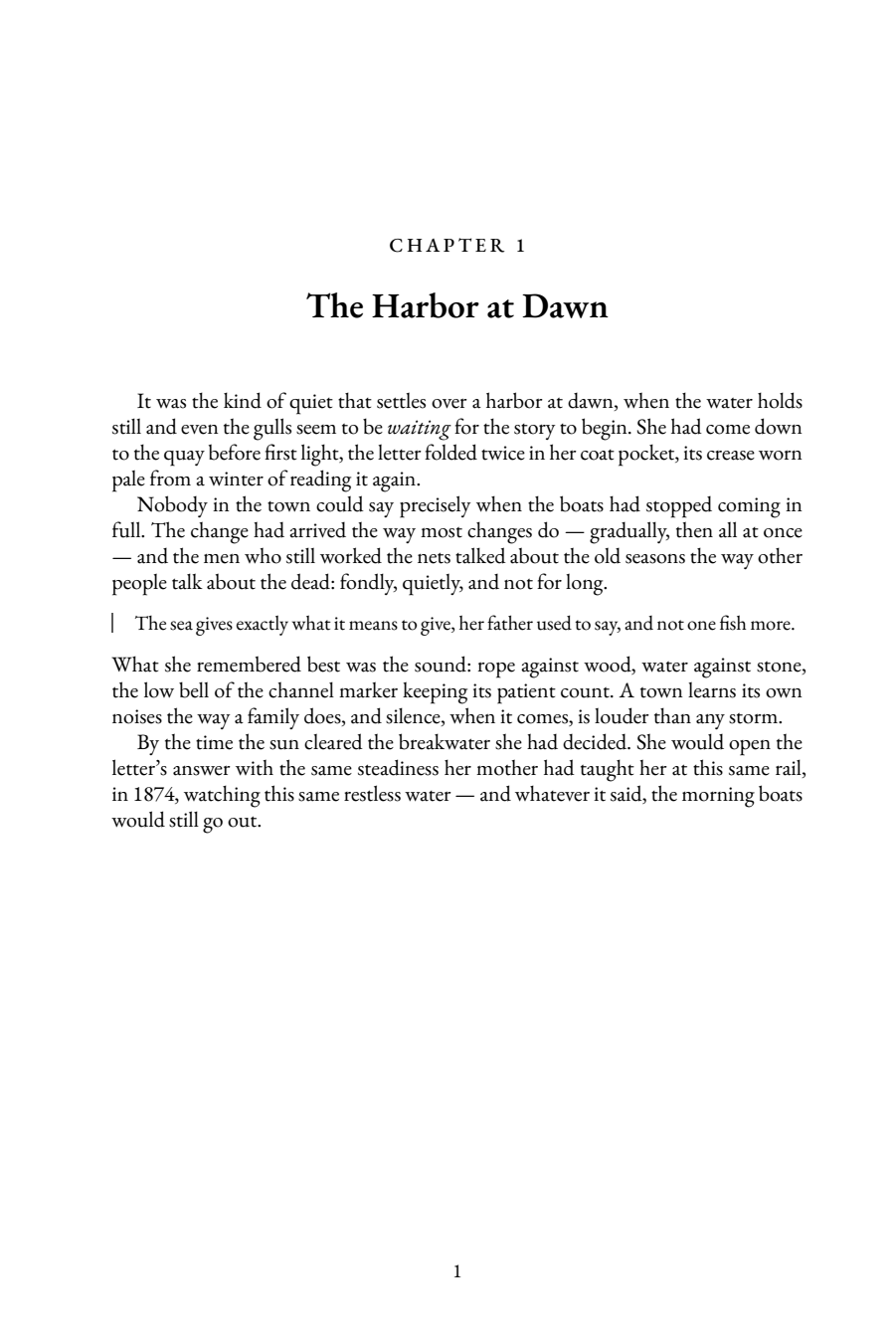 Sample book interior page typeset by Typesheep in the Literary style: drop-cap chapter opener, running head, justified serif text and page number, formatted to Amazon KDP margin rules